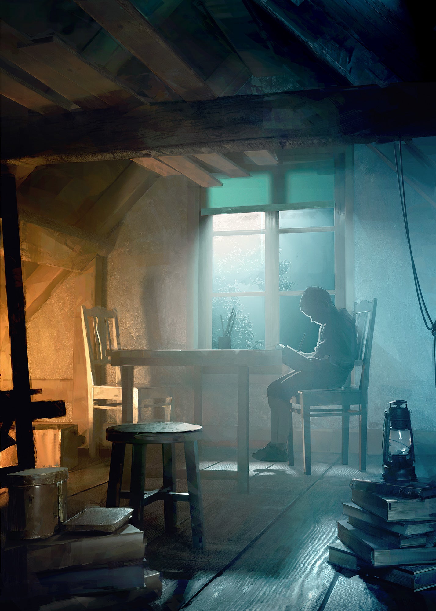 A boy reading at a table in a dimly lit room with a window in the background